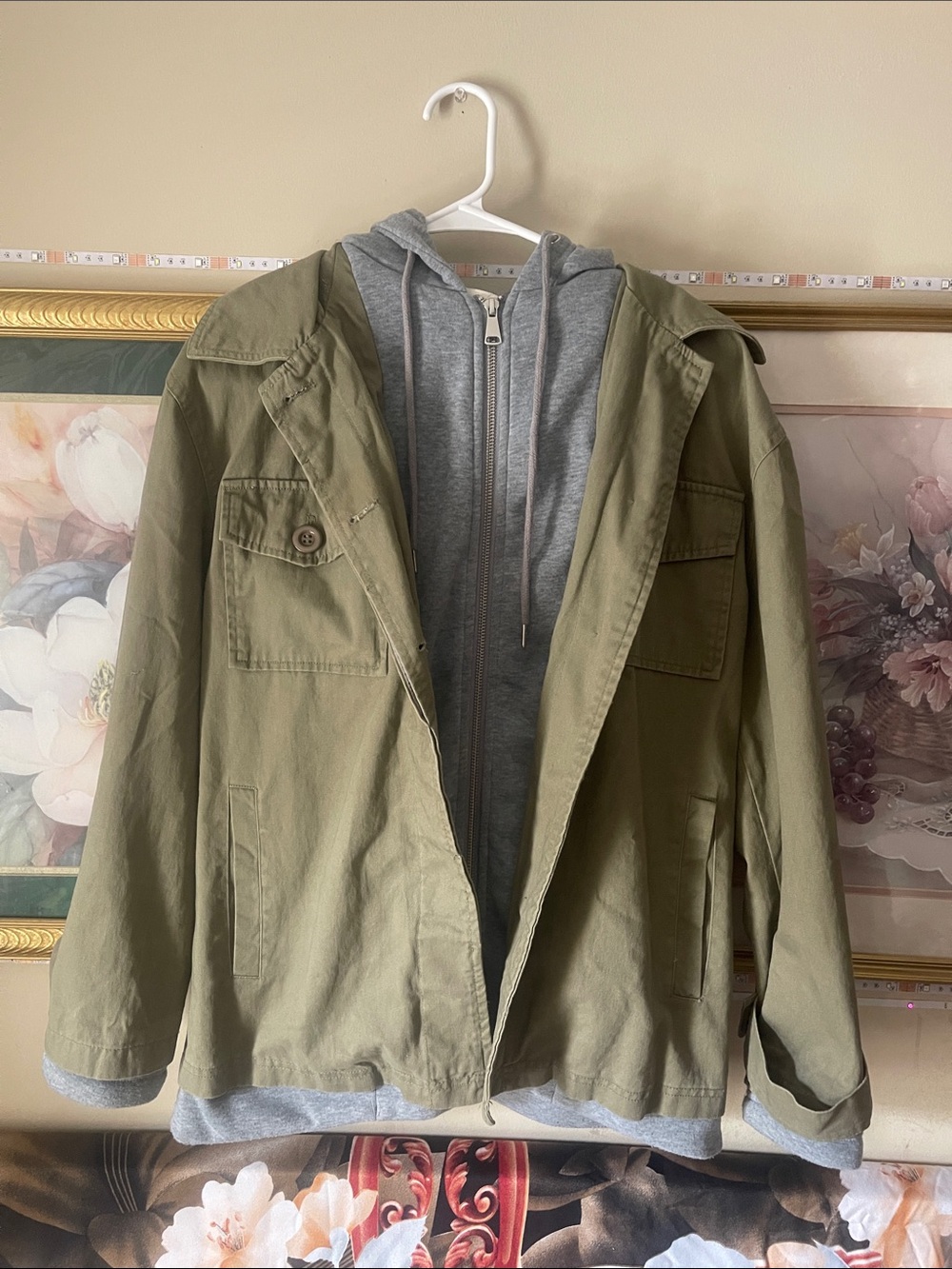 Treasure & Bond Olive Green Military Jacket with Gray Hoodie